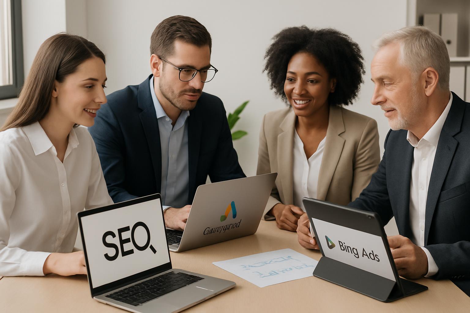 Trender inom SEO och Bing Ads som presenteras av vuxna chefer och anställda i rekvisita.